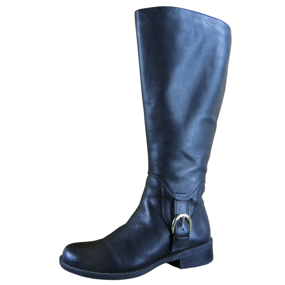 Me Too Dee Wide Calf Black Leather Riding Boot Knee High Buckle Accent Womens 6M
